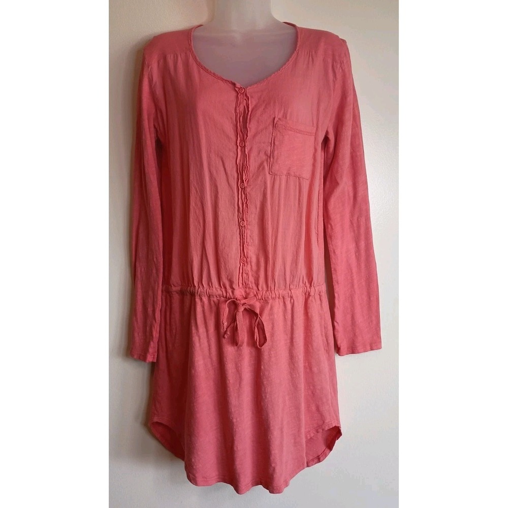 Michael Stars Coral Cotton Slub Knit Shirt Dress Drawstring Waist Casual Small